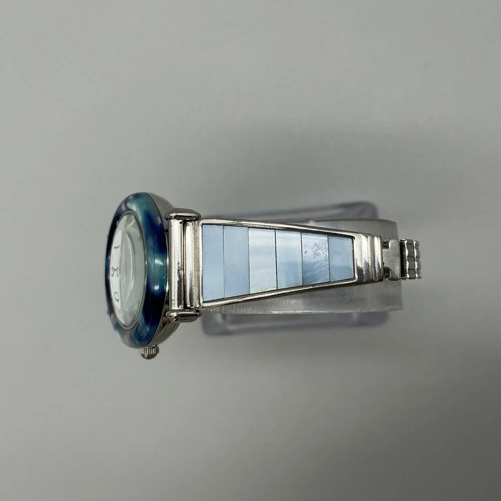 Avon Womens Watch 28mm Blue Abalone Bezel Inlay Stretch F69038-1/P New Battery
